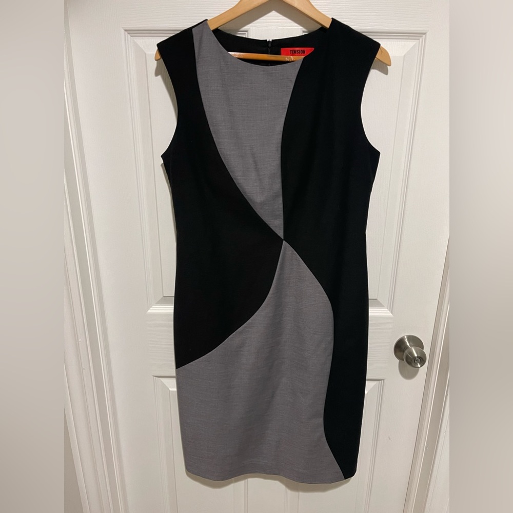 Tension black grey modern minimalist dress wool Rayon career casual midi geo 12